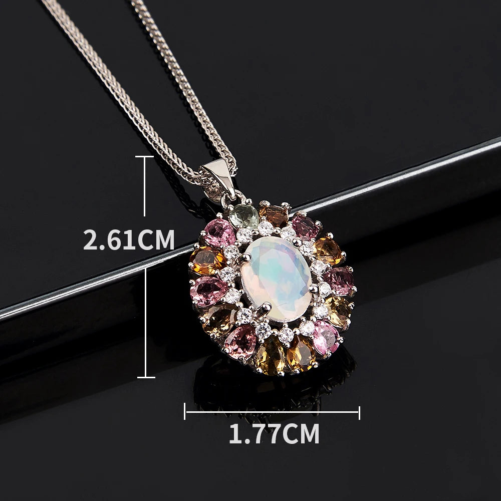 Multi-colored Natural Opal Tourmaline Gemstone Pendant Necklace for women S925 silver light luxury gorgeous fine jewelry