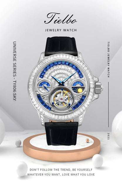 TIELBO Luxury Crystal Diamond Automatic Tourbillon Movement Man Watch