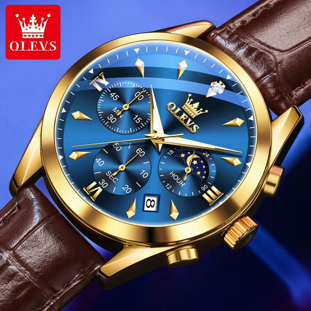 OLEVS Original Men's Watches Moon Phase Luminous Quartz Watch Leather Strap Chronograph Waterproof Calendar Business Wristwatch