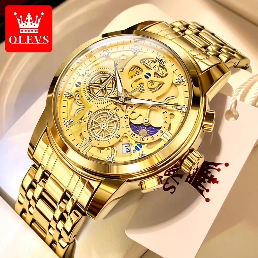 OLEVS Premium Luxury Men's Watches Atmosphere Moon Phase Calendar Quartz Wristwatch Waterproof Luminous Stainless Steel Original