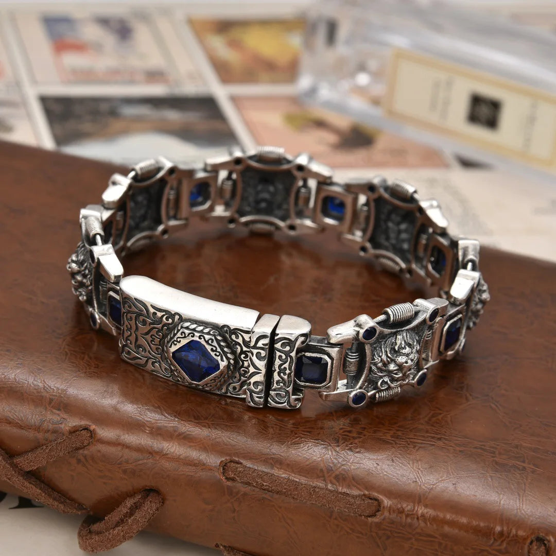 BOCAI New18MM S925 Sterling Silver Domineering Personalized Arabic Style Blue Diamond Lion Bracelet Men's Gift