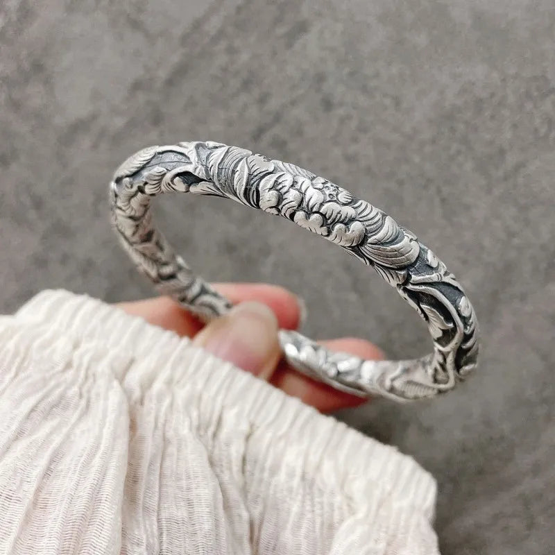 BOCAI Real S999 Silver Jewelry Retro Ethnic Style Carved Three-Dimensional Peony Flowers Men and Women Bracelets Birthday Gift