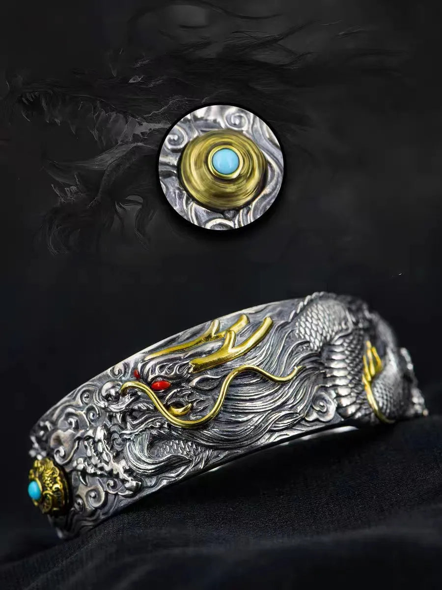 Retro Domineering Dragon Bracelet Chinese National Style Tenglong Cuff Bracelet Men&