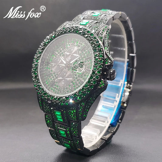 Green Quartz Watch For Men Hip Hop Iced Out Zircon Luxury Party Jewlry Watches With Calendar Male Hand Clock Decorative Dials