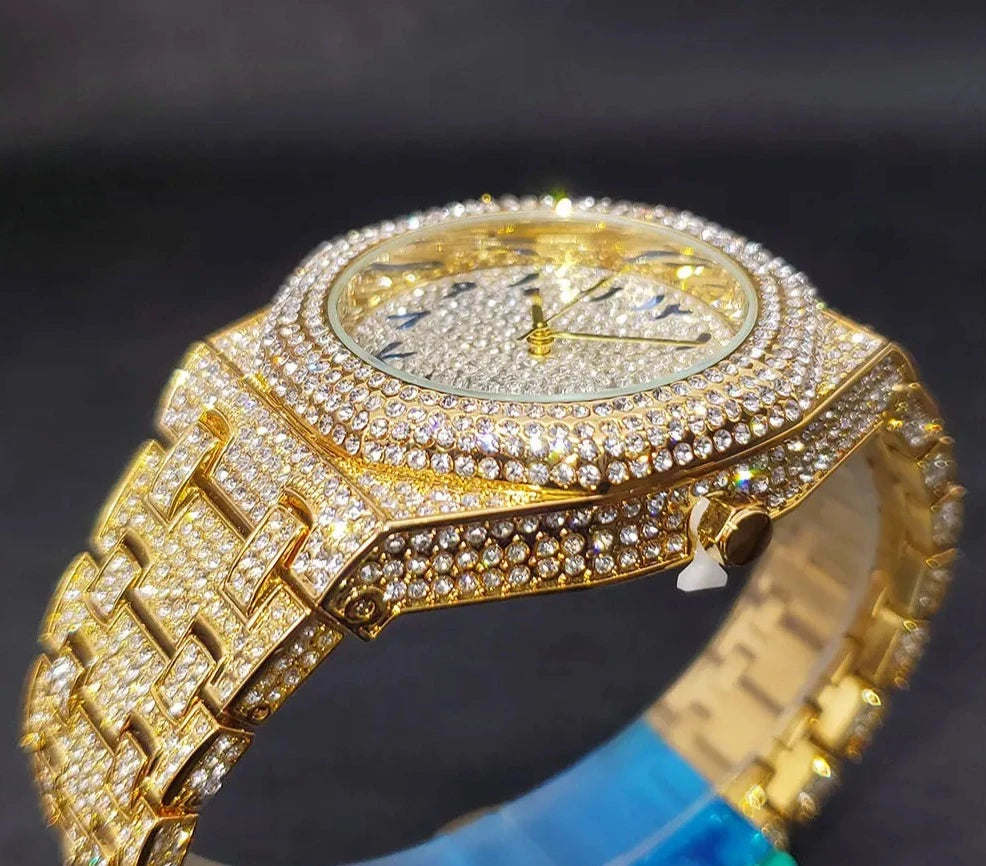 Male Luxury Watch Gold Octagon Diamond.