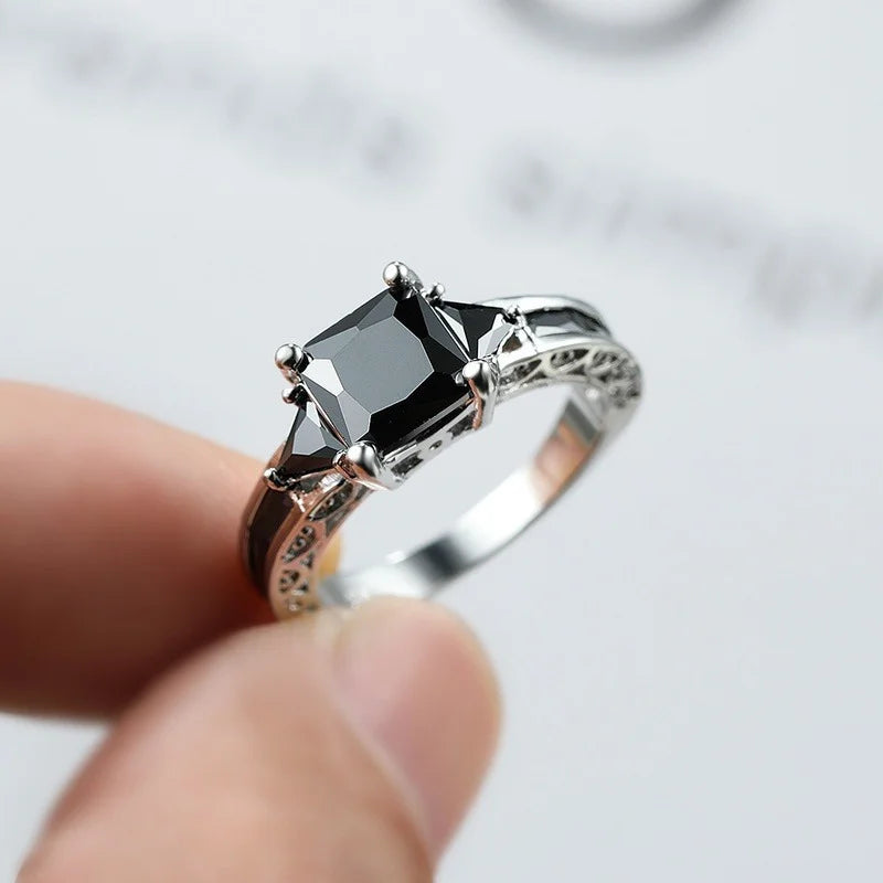 Delicate Silver Color Trendy Ring for Women Elegant Princess Cut Inlaid Black Zircon Stones Wedding Ring Engagement Jewelry