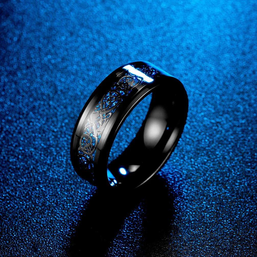 Dragon Black Tungsten Wedding Ring Set For Men Stainless Steel Inlaid Blue Carbon Fiber Band Ring Bague Homme