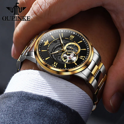 OUPINKE 3190 Automatic Mechanical Watch for Men Japan Movement Skeleton Design Sapphire Crystal Mirror Waterproof Male Watch