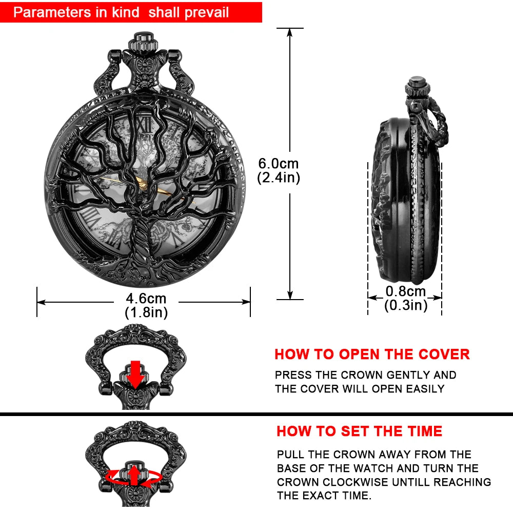 Vintage All Black Pocket Watch Tree of Life.