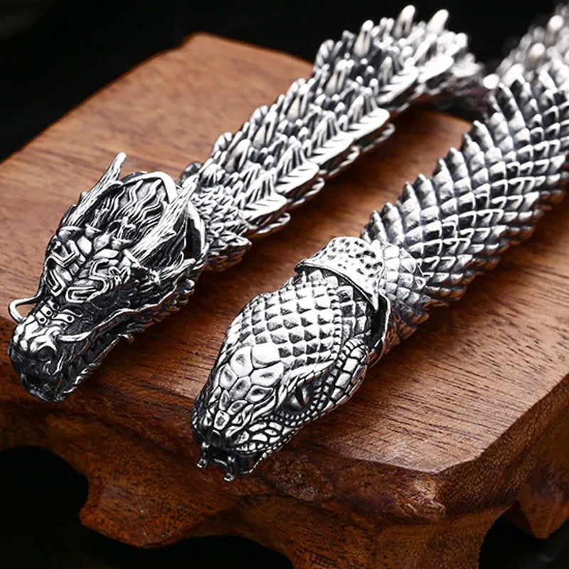 S925 Silver Domineering Men's Bracelet Thick Dragon Python Trendy Personality Vintage Jewelry Accessories