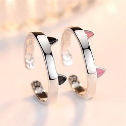 Cute Cat Ear Paw Open Adjustable Couples Rings Silver.