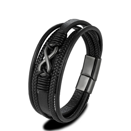 Classic Men Infinity Bracelet Woven Multilayer Braided Leather Bracelets For Women Black Stainless Steel Jewelry Gifts