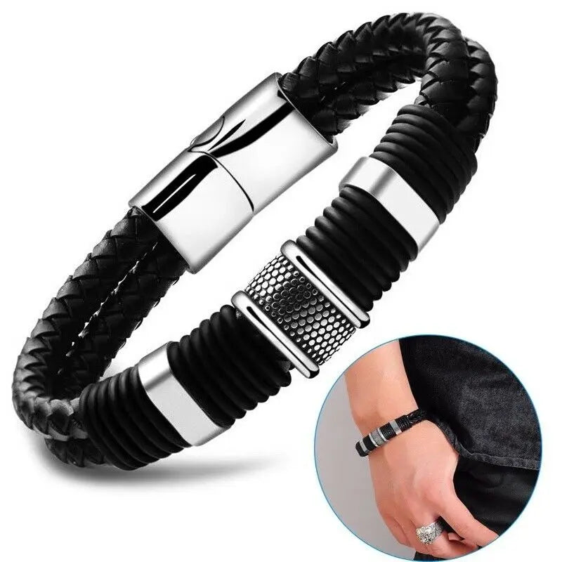 Leather Titanium Steel Braided Buckle Bangle Bracelet Men Tai Chi Bracelet Vintage Bangle Bracelets for Men Jewelry Gift