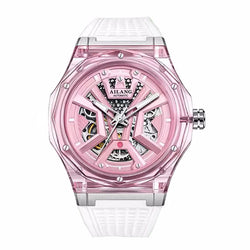 Women Automatic Mechanical Watch Top Brand Luxury Pink Transparent Case Waterproof Wrist Watch Ladies Skeleton Clock 2024