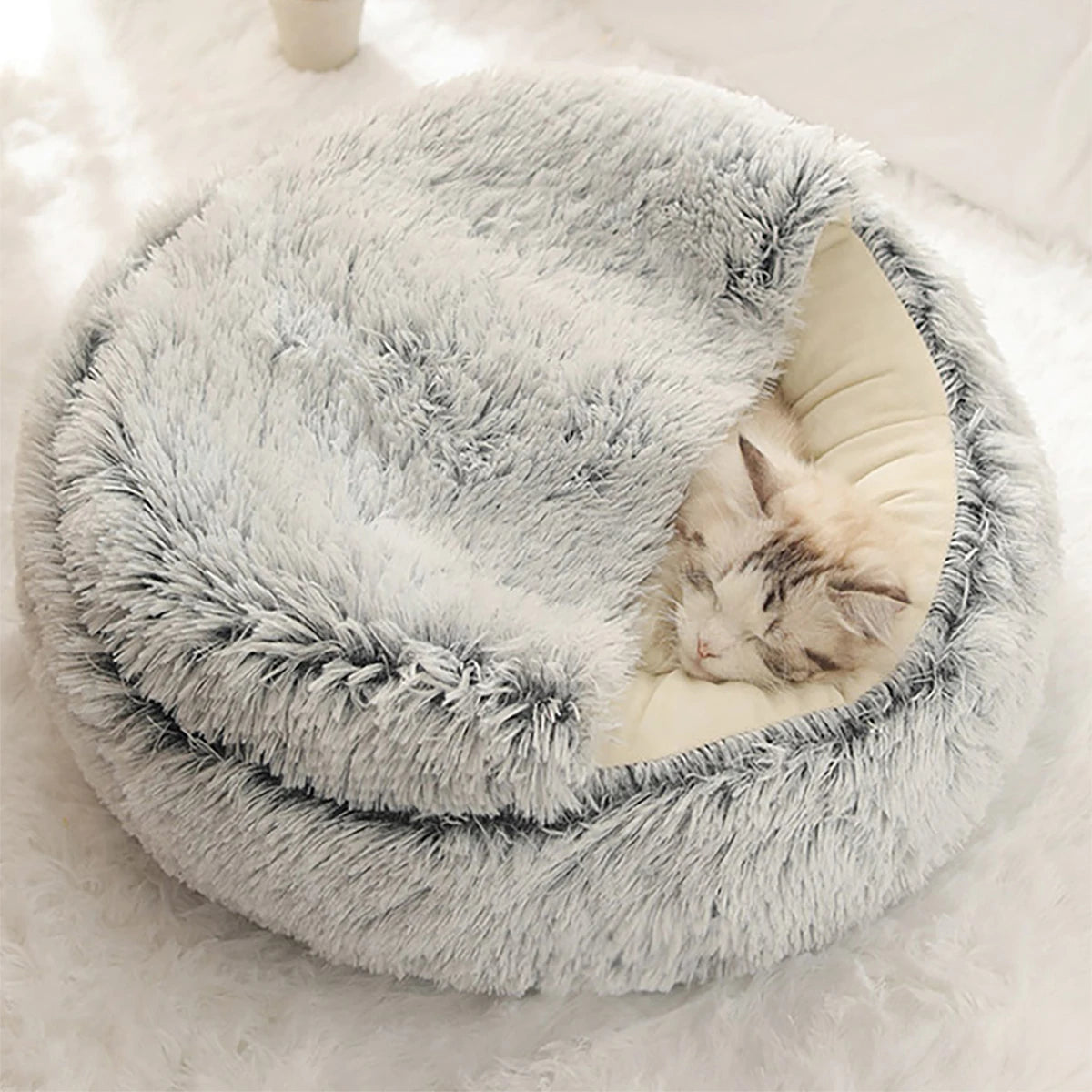 Cat Bed Round Plush Fluffy Hooded