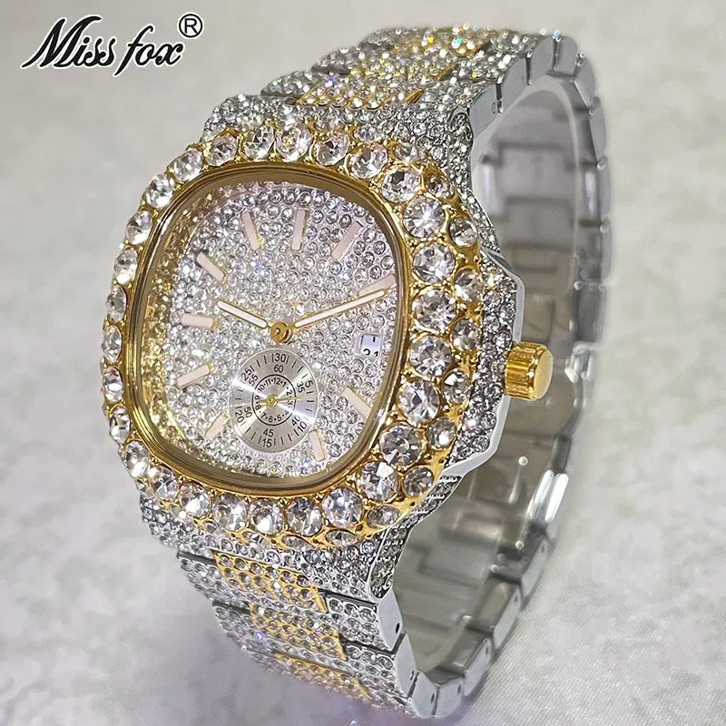 Hip Hop Brand MISSFOX Fashion Iced Out Watches Men Luxury Full Diamond 18K Gold Automatic Date Clock Steel Waterproof Watch Male