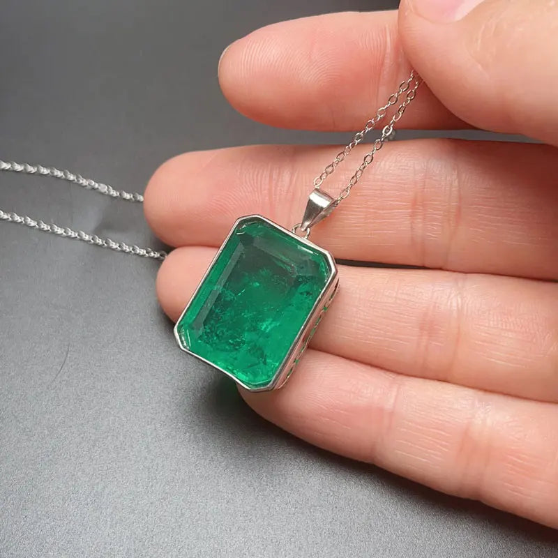 Gold Plated 925 Silver Rectangle Gemstone Pendant 15mm*20mm Emerald Color Man Made Crystal Pendant with 925 Silver Necklace