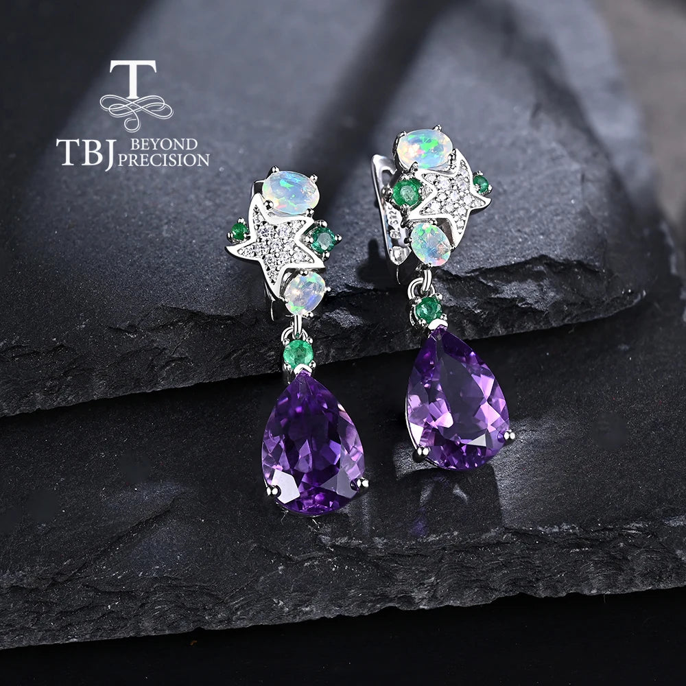 Luxury Clasp Drop Earring Natural Precious Opal,Emerald &amp; Amethyst Gems Silver jewelry for Women Anniversary &amp; Parties wear gift