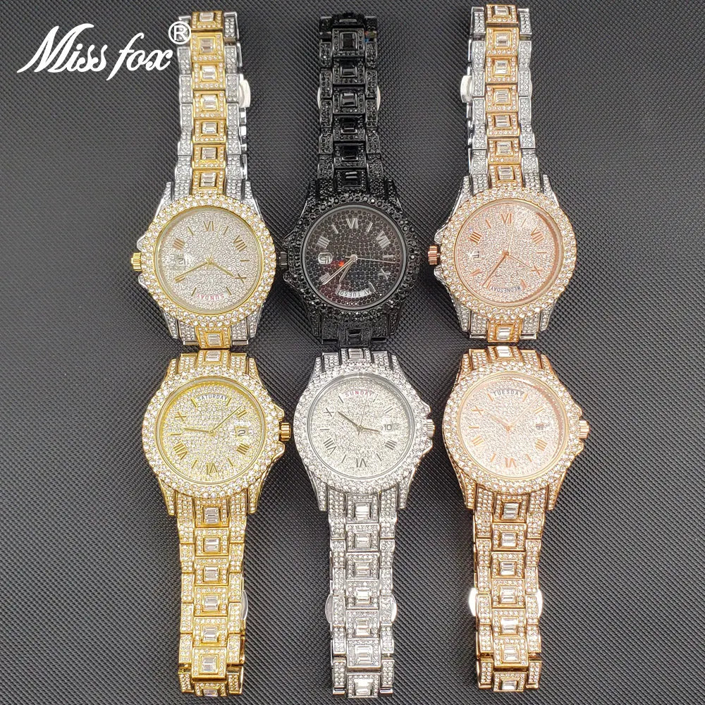 Watch For Men Waterproof Adjust Day Date Hip Hop Stylish Diamond Men's Quartz Watch Luxury Week Display Hand Clock Dropshipping