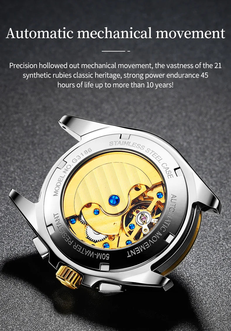 OUPINKE 3186 High Quality Luxury Skeleton Flywheel Automatic Watch for Men 5Bar Waterproof Dual Calendar Brand Men&