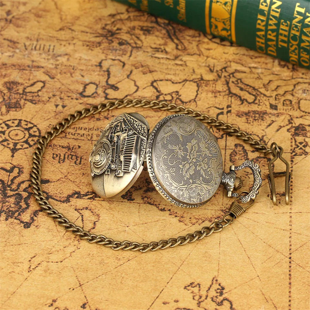 Vintage Retro Bronze Hollow Train Locomotive Steampunk Quartz Pocket Watch Women Men Necklace Pendant with Chain Birthday Gift