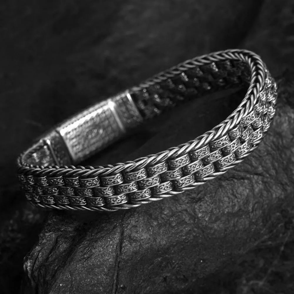 BOCAI S925 Silver Retro Rattan Grass Pattern Wealth Seeking Men's Bracelet New Fashionable Personalized Jewelry Accessories