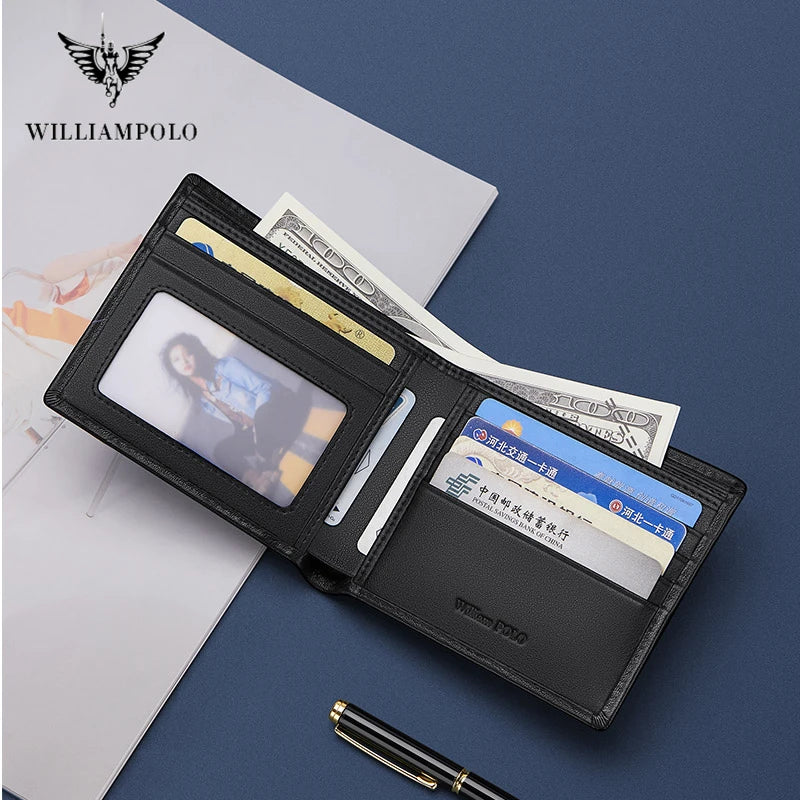 WILLIAMPOLO Men's Wallet 100% Genuine Leather Men Wallets Top Quality Real Cowhide Wallets for Man Short Black Walet