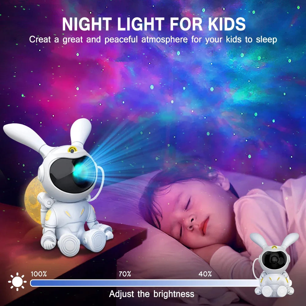 Rabbit astronaut night light, Galaxy star projector, Celestial night light, Space-themed lamp, Astronaut rabbit light, Kids night light, Nursery decor, Starry sky projector, LED night light, Children's room lighting, Ambient night light, Galaxy projection lamp, Decorative night light, Novelty night light, Bedside lamp,