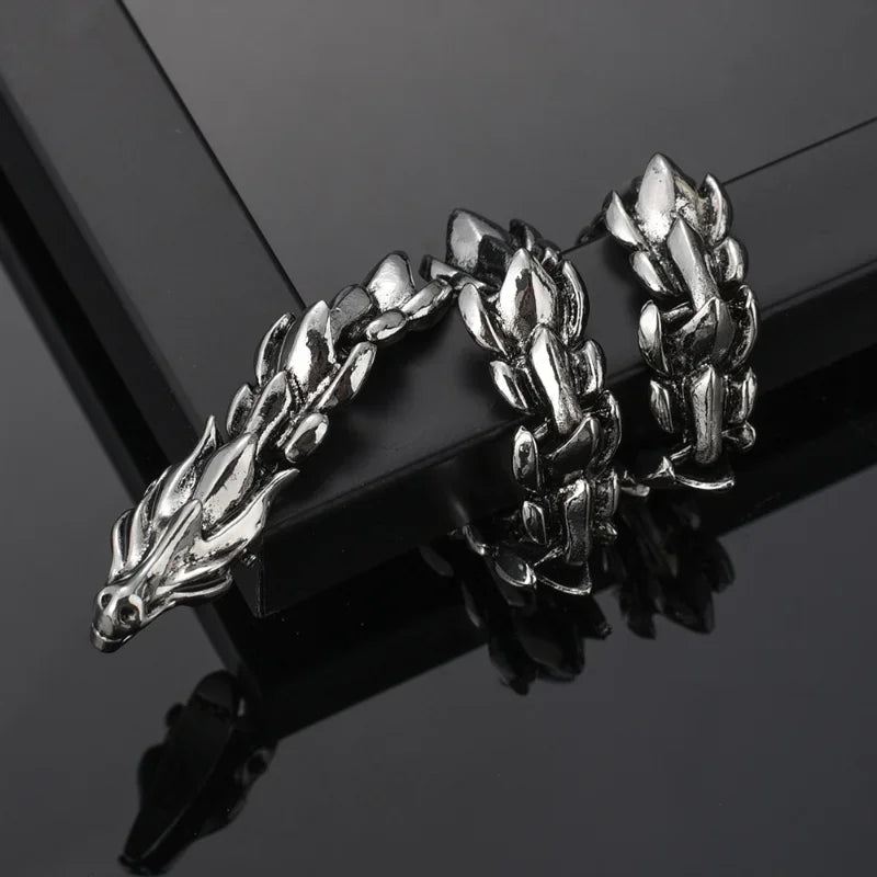 Fashion Retro Silver Plated Dragon Head Keel Bracelet for Men Holiday Gift Hip Hop Punk Chain Hand Jewelry Accessories