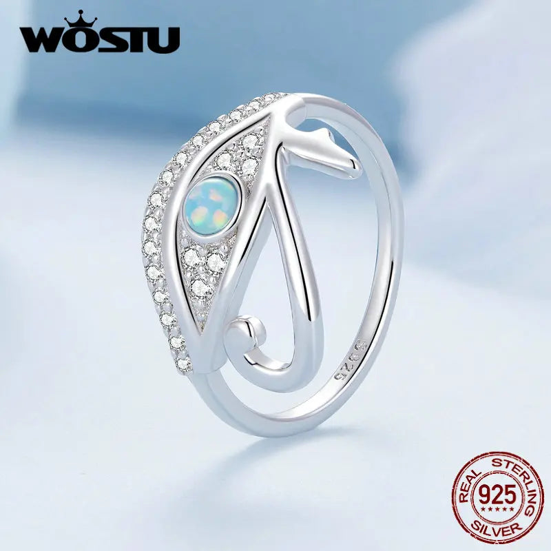 WOSTU 925 Sterling Silver Egyptian Eye of Horus Band Rings Women Fire Opal Stone White Zircon Guard Ring Birthday Party Jewelry