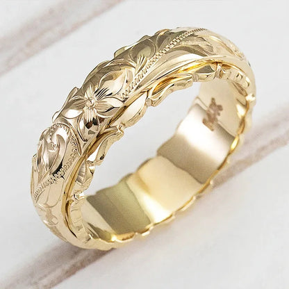 Yellow Gold Suspended Carved Rose Flower Ring for women and men gold rings 14 k Women&