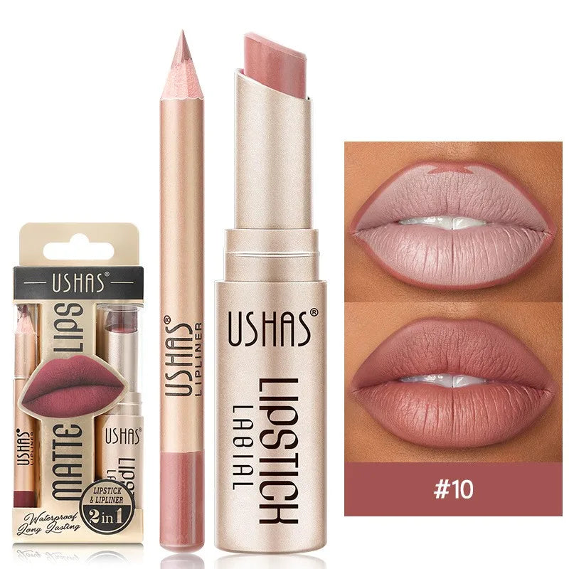 2 In 1 Lipstick Set Makeup Matte Lipstick & Lip Liner Pencil Waterproof Lasting Cosmetics Nude Brown Contour Tinted Lip Balm Kit