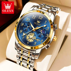 Original OLEVS Brand Quartz Watch for Men Moon Phase Auto Date Stainless Steel Waterpoof Wristwatch Men TOP Brand Business Watch