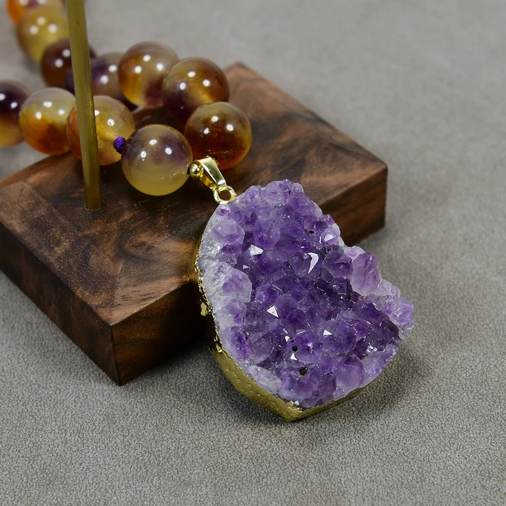 G-G 12mm Mix Color Brown Jade Smooth Round Strand Beads Necklace Amethyst Quartz Rough Geode Pendant Jewelry Gift For Lady