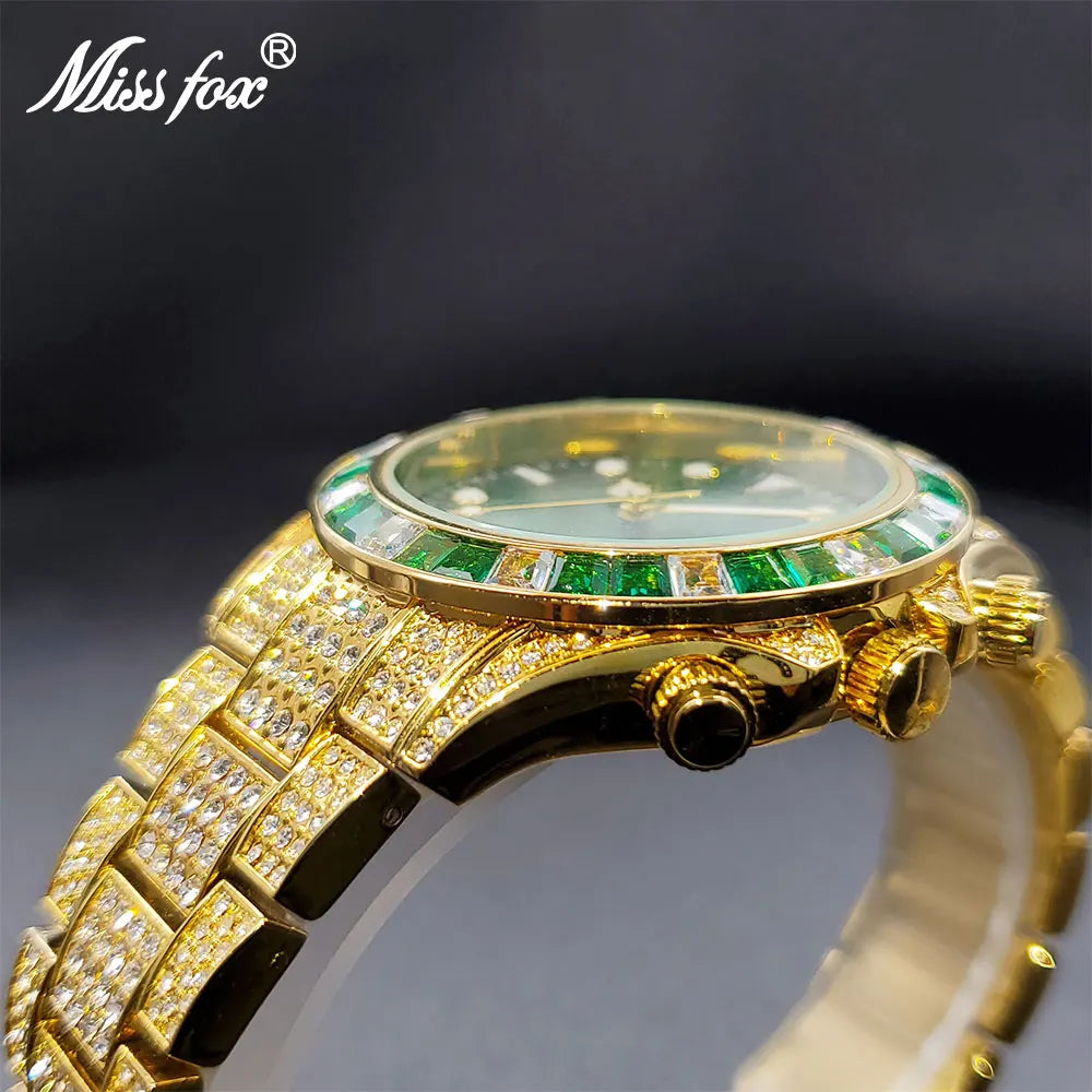 Gold Men Wristwatch Clock Diamond Iced Drop Japan Movement Quartz Watch Green Design Waterproof Alarm Clock For Man Dropshipping