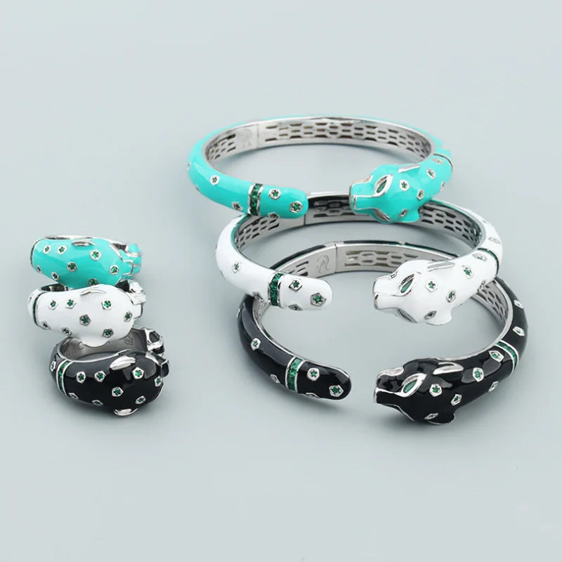 Donia Jewelry Fashion Tri-Color Enamel Leopard Pattern Titanium Micro-Inlaid AAA Zircon Luxury Animal Bracelet Ring Set