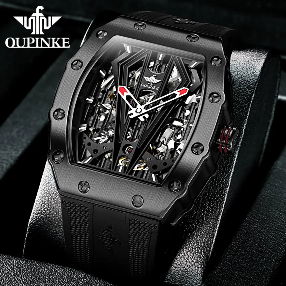 OUPINKE 3179 Automatic Watch for Men Silicone Strap Sapphire Mirror Waterproof Skeleton Mechanical Men&