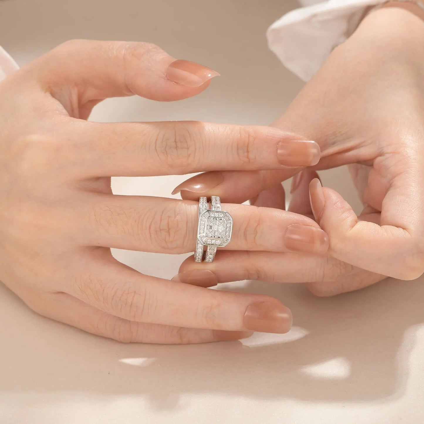 Silver Diamond Engagement Wedding Ring Set.