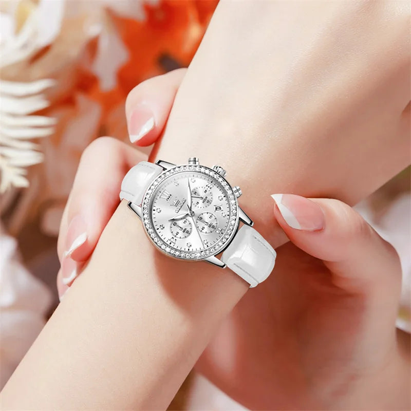 OLEVS Fashion Diamond Silver White Women Watch Leather.