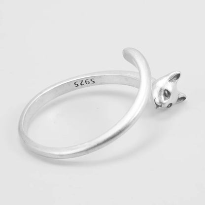 Cute Cat Matte Open Adjustable Silver Ring for Women