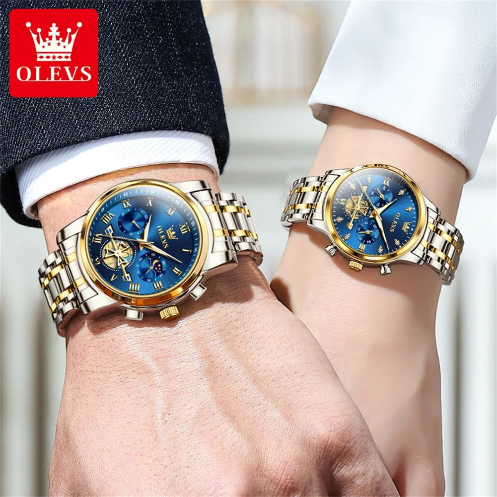 OLEVS Luxury Brand Couple Watches Waterproof Luminous Stainless Steel Quartz Watch His and Hers Moon Phase Fashion Lovers Set