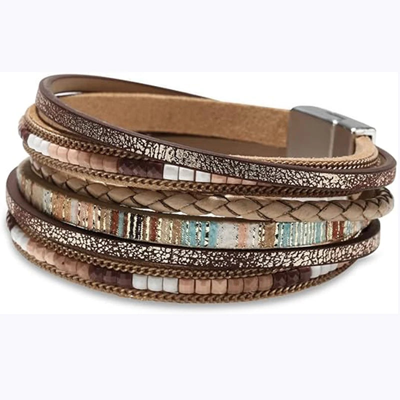 Leather Wrap Bracelets for Women Girlfriend Wife , Boho Leopard Multi-Layer Crystal Beads Cuff Bracelet Jewelry