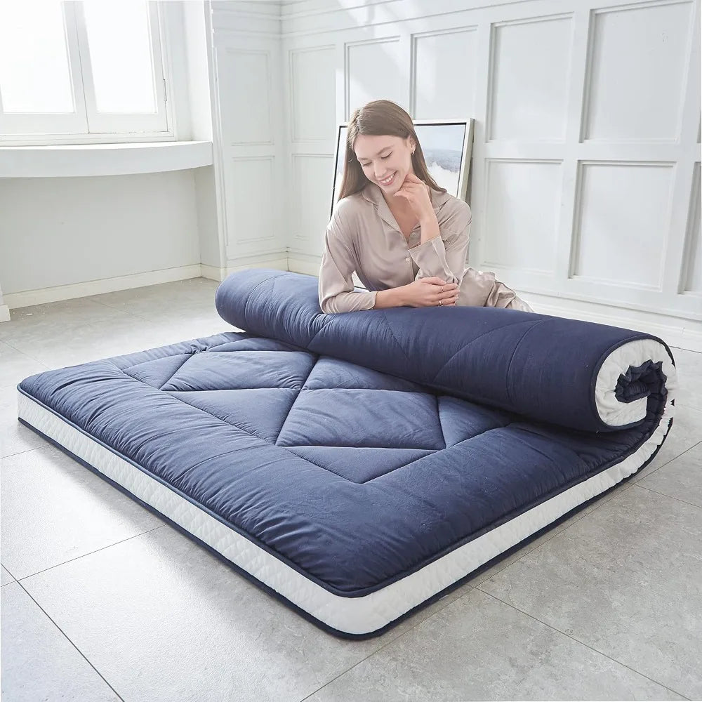 Japanese Floor Mattress Futon Mattress, Thicken Sleeping Mattress Foldable & Portable Roll Up Camping Mattress, Blue Queen