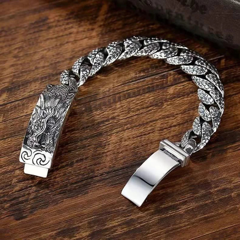 Handmade Original Retro Silver Chain Male Domineering Dragon Head Bracelet for Men Party Birthday Hip Hop Rock Jewelry Gift