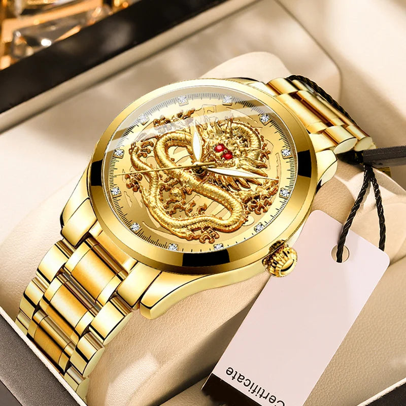 Embossed Gold Dragon Watch Men&