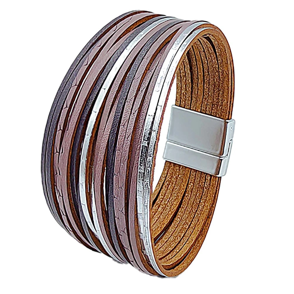 Layered Scratch Leather Bracelet for Man Women Magnetic Buckle Bracelet Leather Cord Combination Wide Bracelet Charm Jewelry