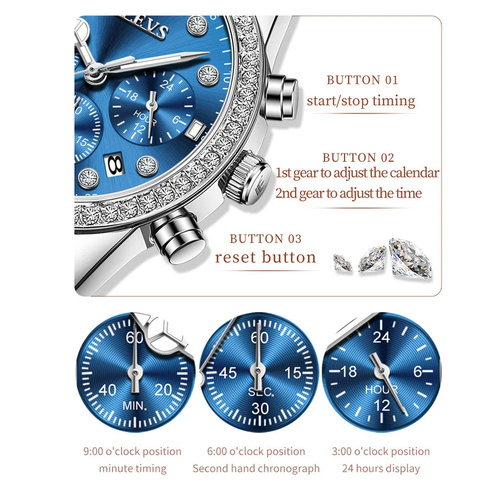 OLEVS Diamond Women Watch Silver Blue Ladies.