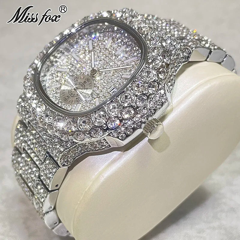 Hip Hop Brand MISSFOX Fashion Iced Out Watches Men Luxury Full Diamond 18K Gold Automatic Date Clock Steel Waterproof Watch Male