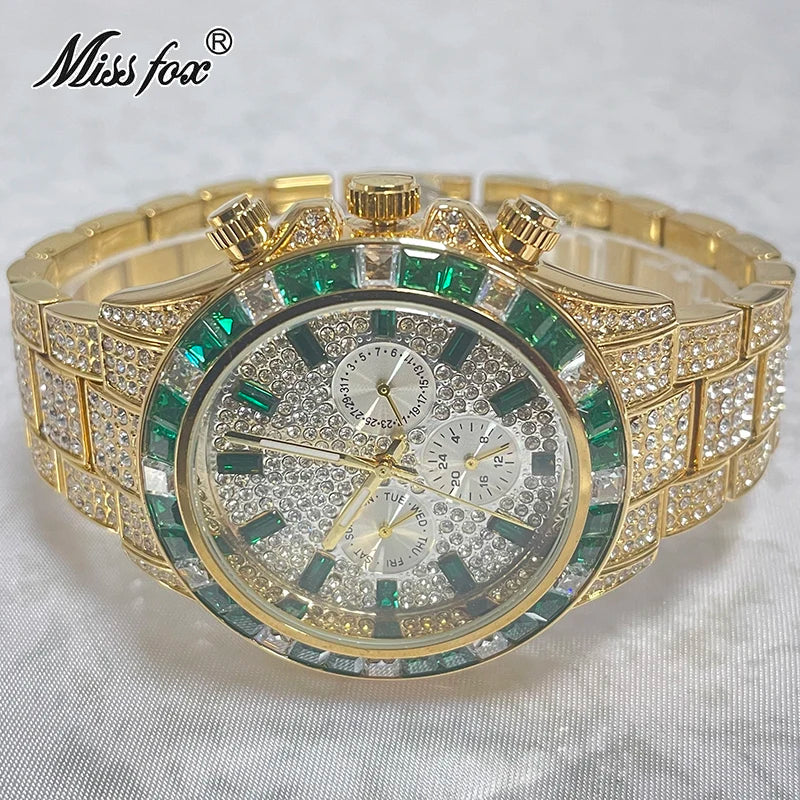 2022 Luxury Brand MISSFOX Gold Hip Hop Watches Men Fashion Rainbow Diamond Waterproof Smart Watch Full Steel Sports Clocks Male