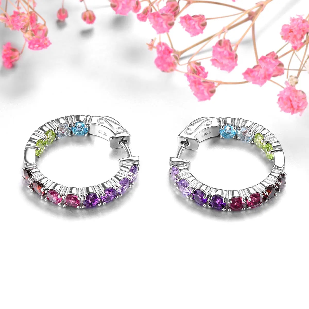 Natural Colorful Gemstone Sterling Silver Clip Earring 5 Carats Genuine Garnet Amethyst Classic Popular Jewelry Style Gifts